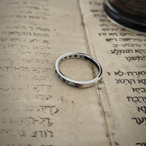 Inel tip verighetă Kabbalah din argint cu pietre „Hoshen”