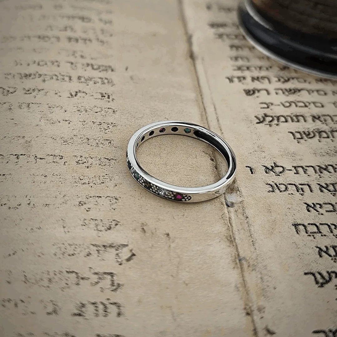 Inel tip verighetă Kabbalah din argint cu pietre „Hoshen”