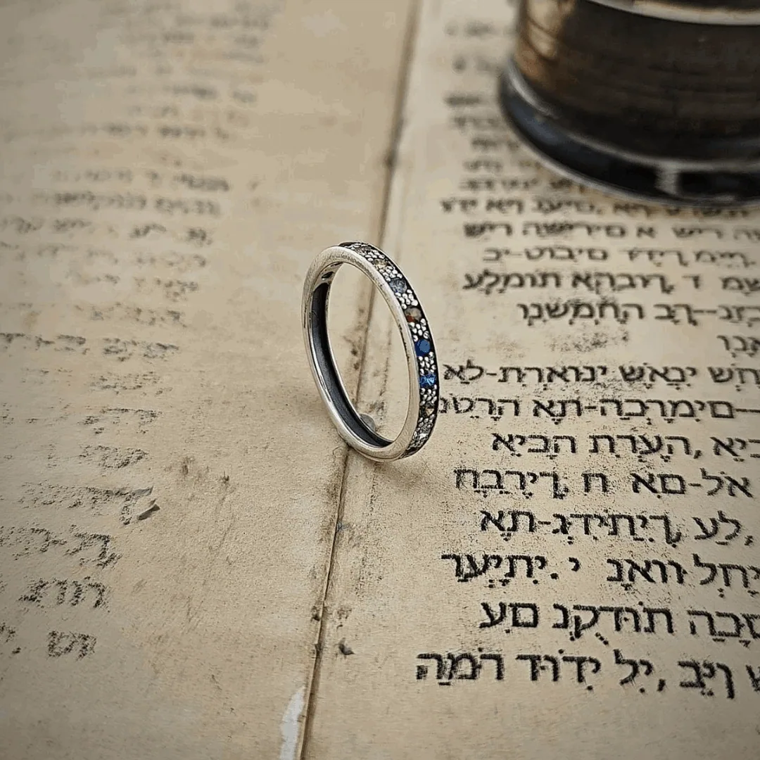 Inel tip verighetă Kabbalah din argint cu pietre „Hoshen”