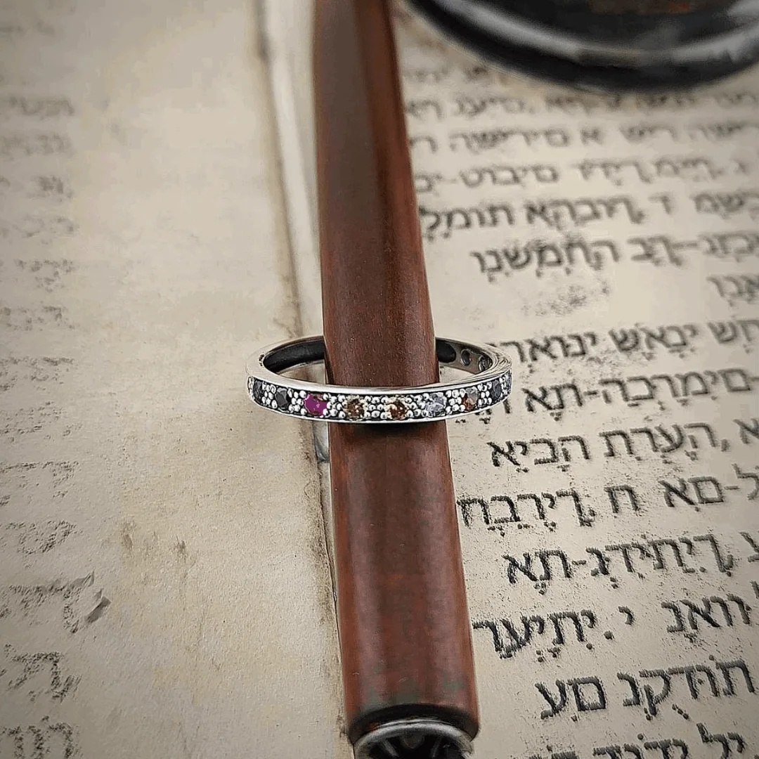 Inel tip verighetă Kabbalah din argint cu pietre „Hoshen”